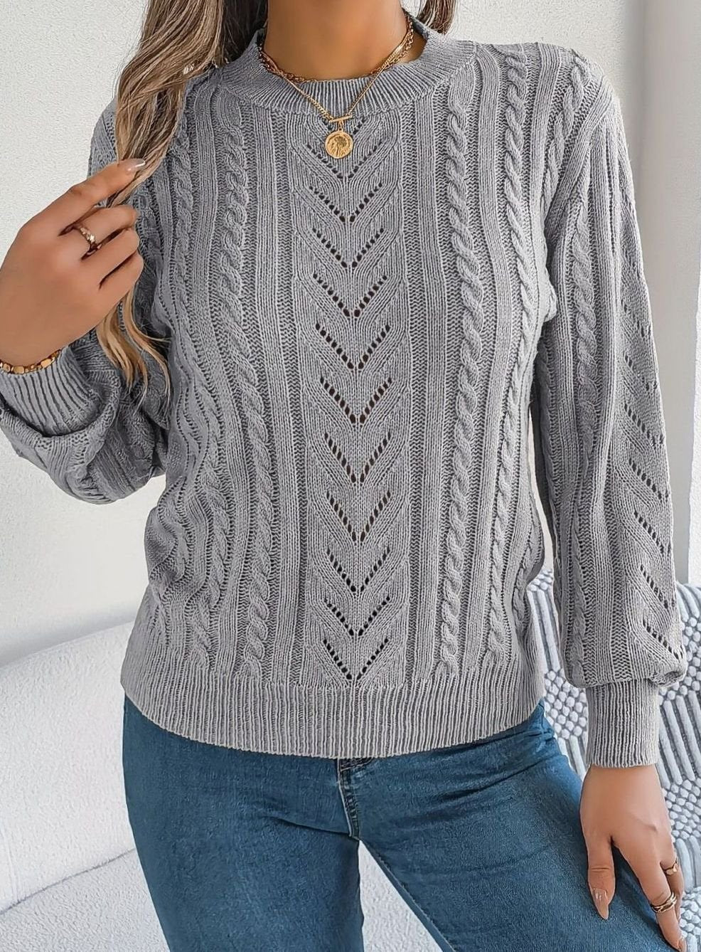 Women's Cable-Knit Openwork Crewneck Sweater