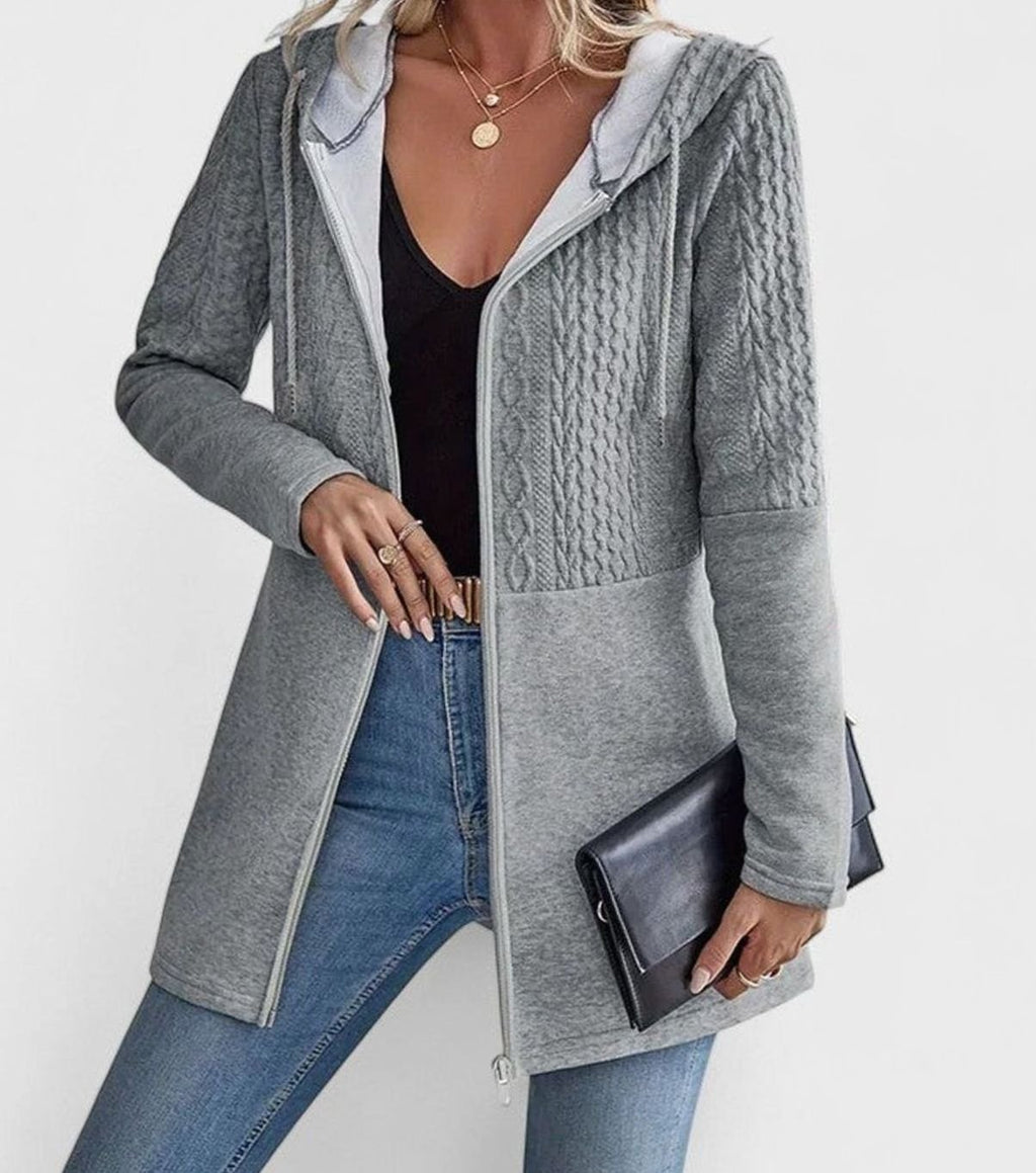 Women's Cable-Knit Panel Hooded Full-Zip Long Coat - Gray
