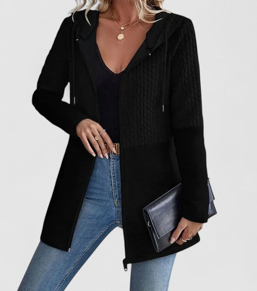 Women's Cable-Knit Panel Hooded Full-Zip Long Coat - Black