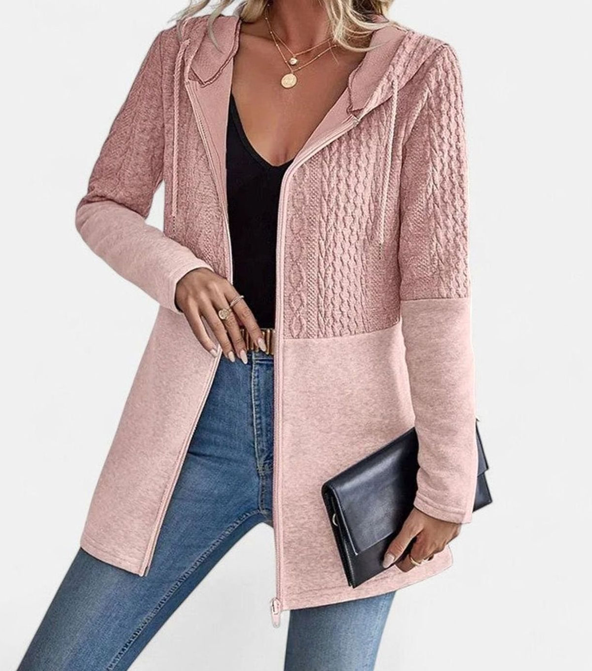 Women's Cable-Knit Panel Hooded Full-Zip Long Coat - Pink