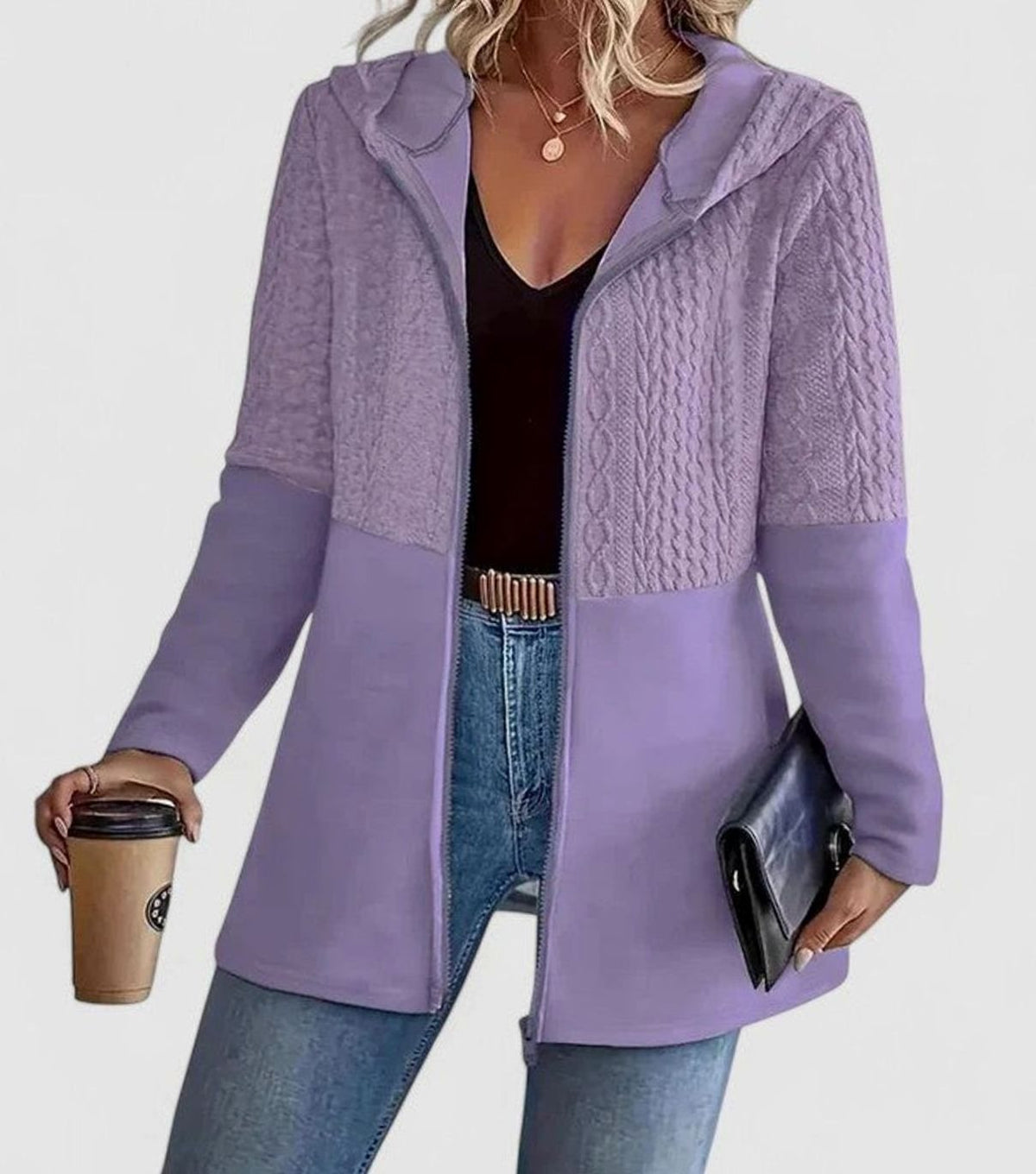 Women's Cable-Knit Panel Hooded Full-Zip Long Coat - Purple