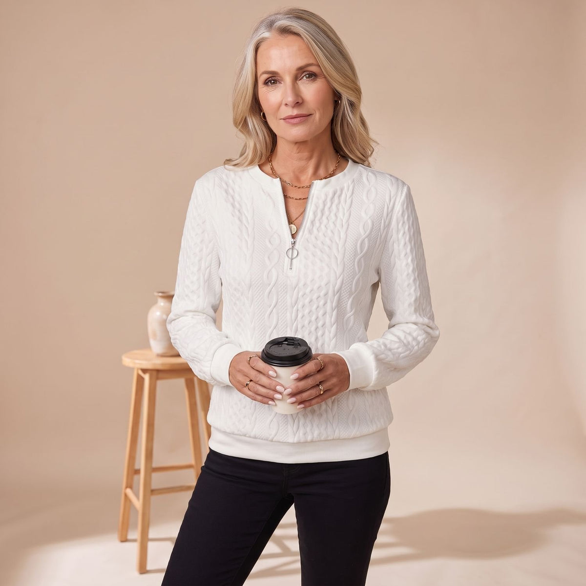 Women's Cable-Knit Quarter-Zip Long Sleeve Sweater - White