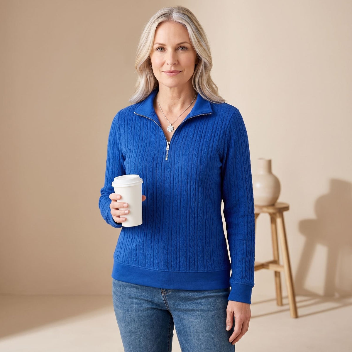 Women's Cable-Knit Quarter-Zip Long Sleeve Sweater - Blue