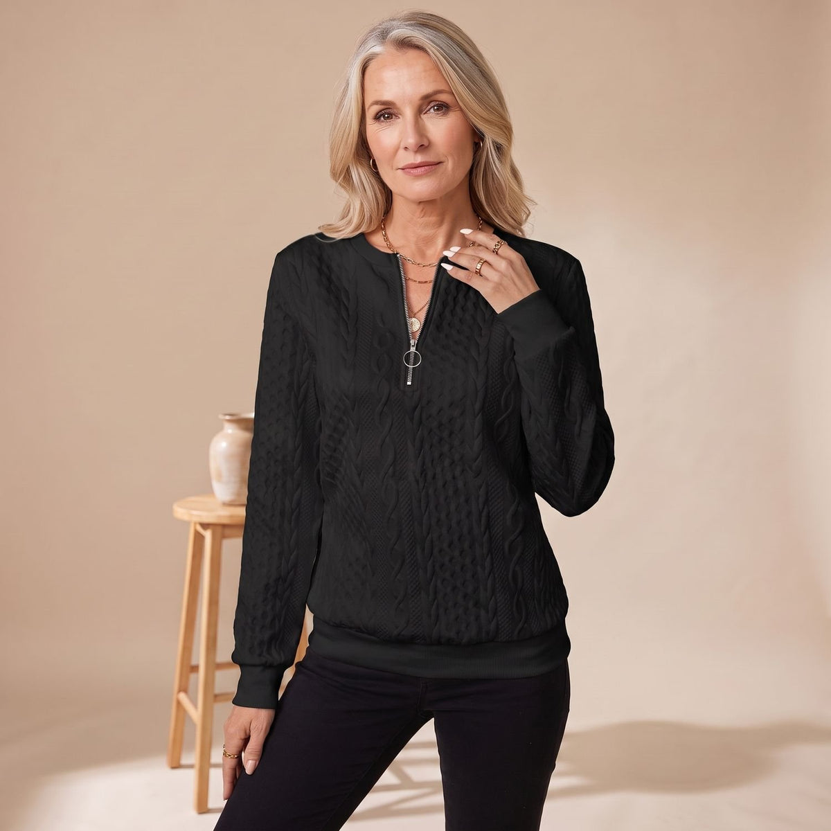 Women's Cable-Knit Quarter-Zip Long Sleeve Sweater