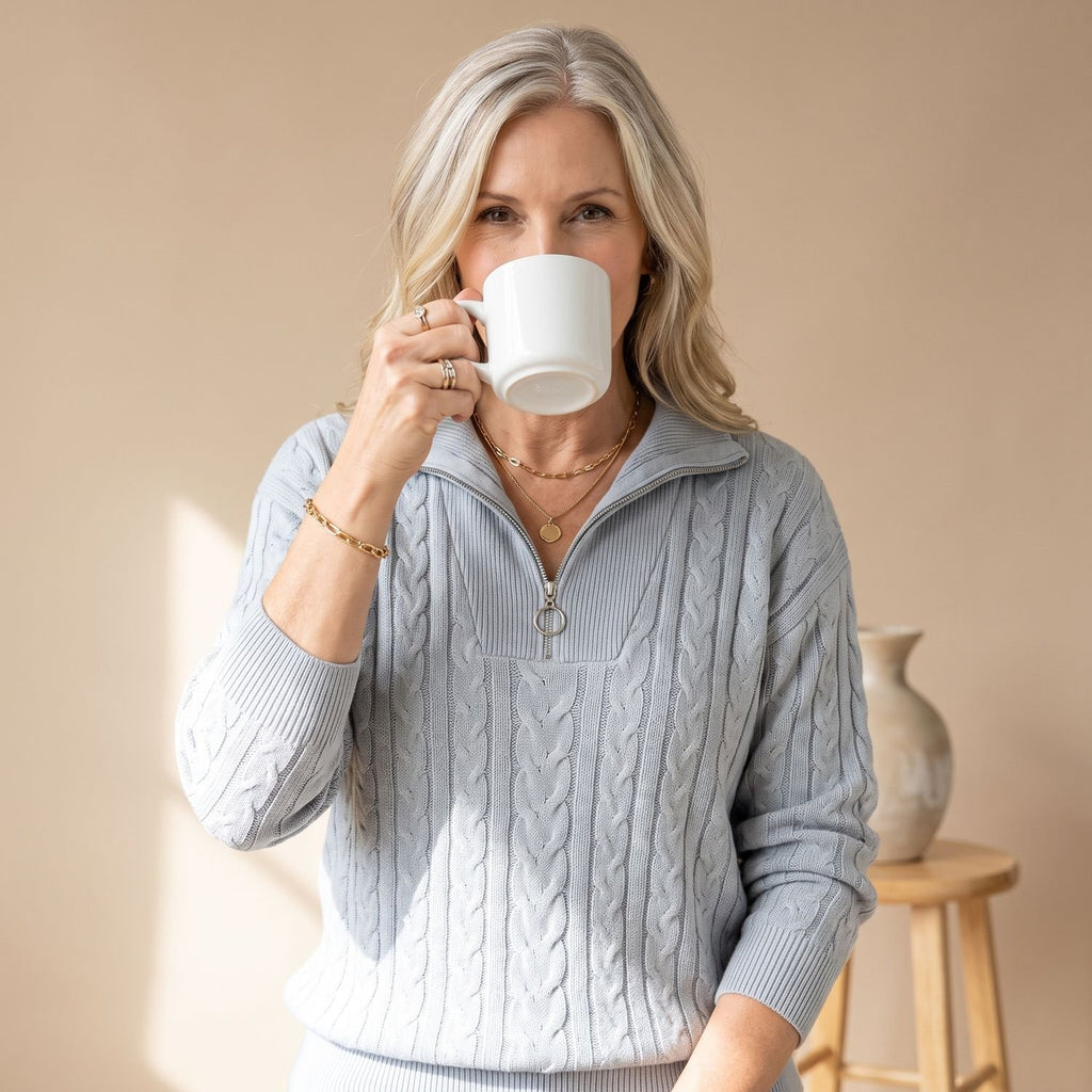 Women's Cable-Knit Quarter-Zip Long Sleeve Sweater - Gray