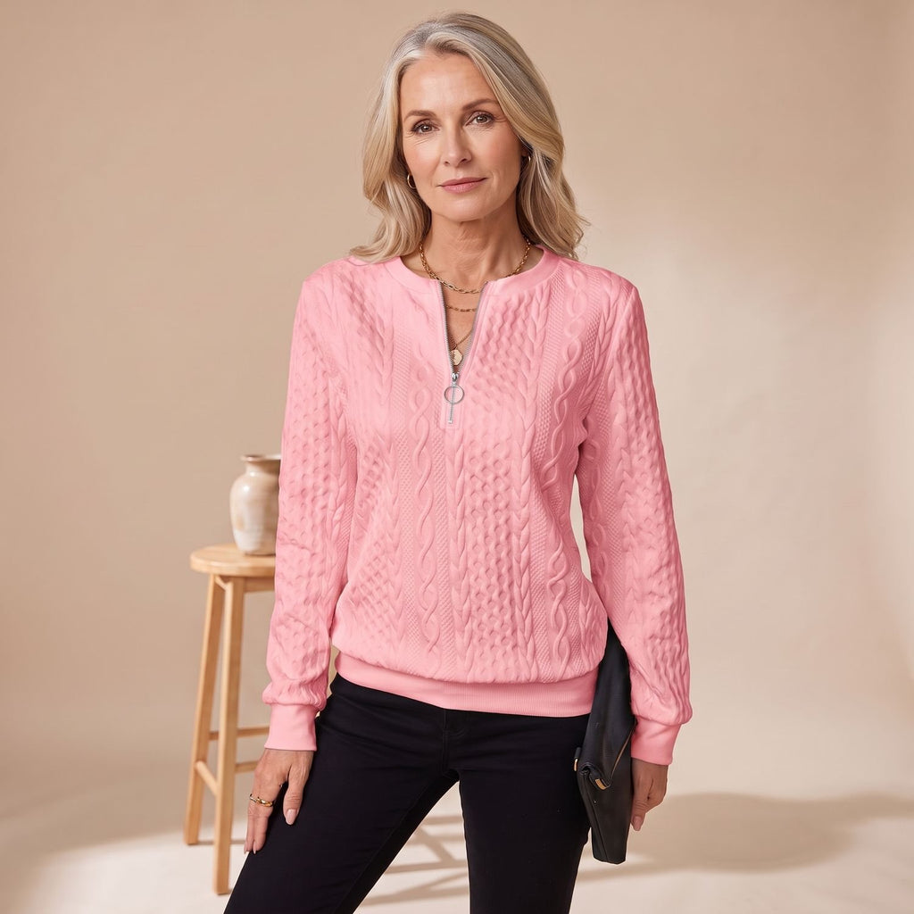 Women's Cable-Knit Quarter-Zip Long Sleeve Sweater - Pink