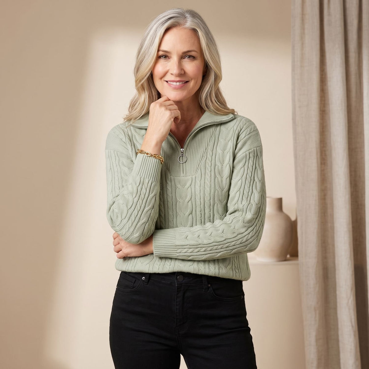 Women's Cable-Knit Quarter-Zip Pullover Sweater