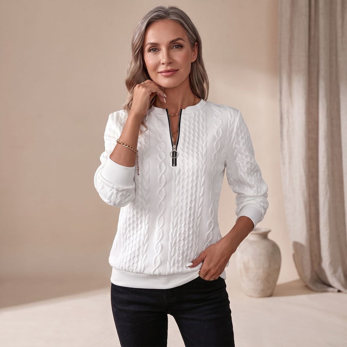 Women's Cable-Knit Quarter-Zip Pullover Sweater