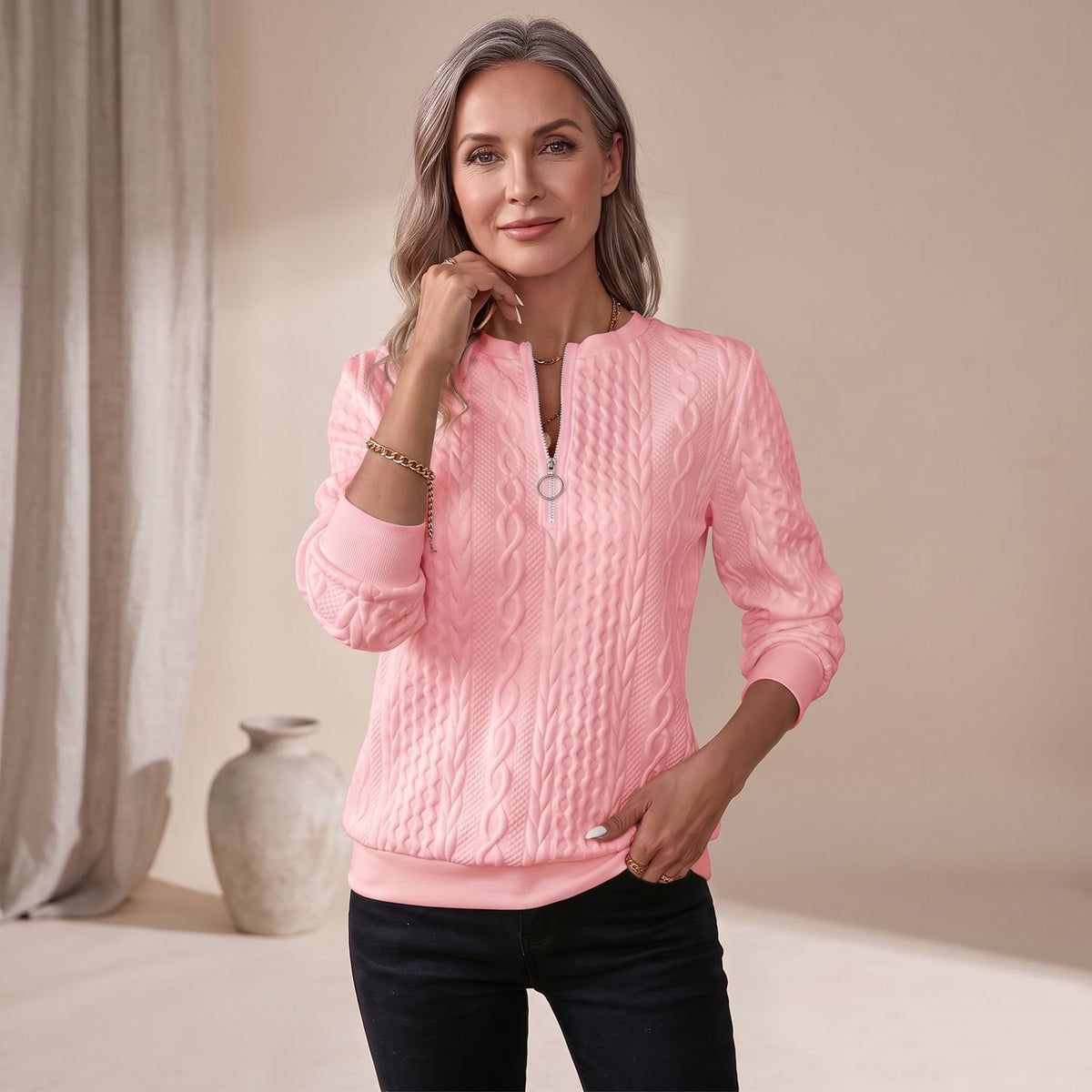 Women's Cable-Knit Quarter-Zip Pullover Sweater - Pink