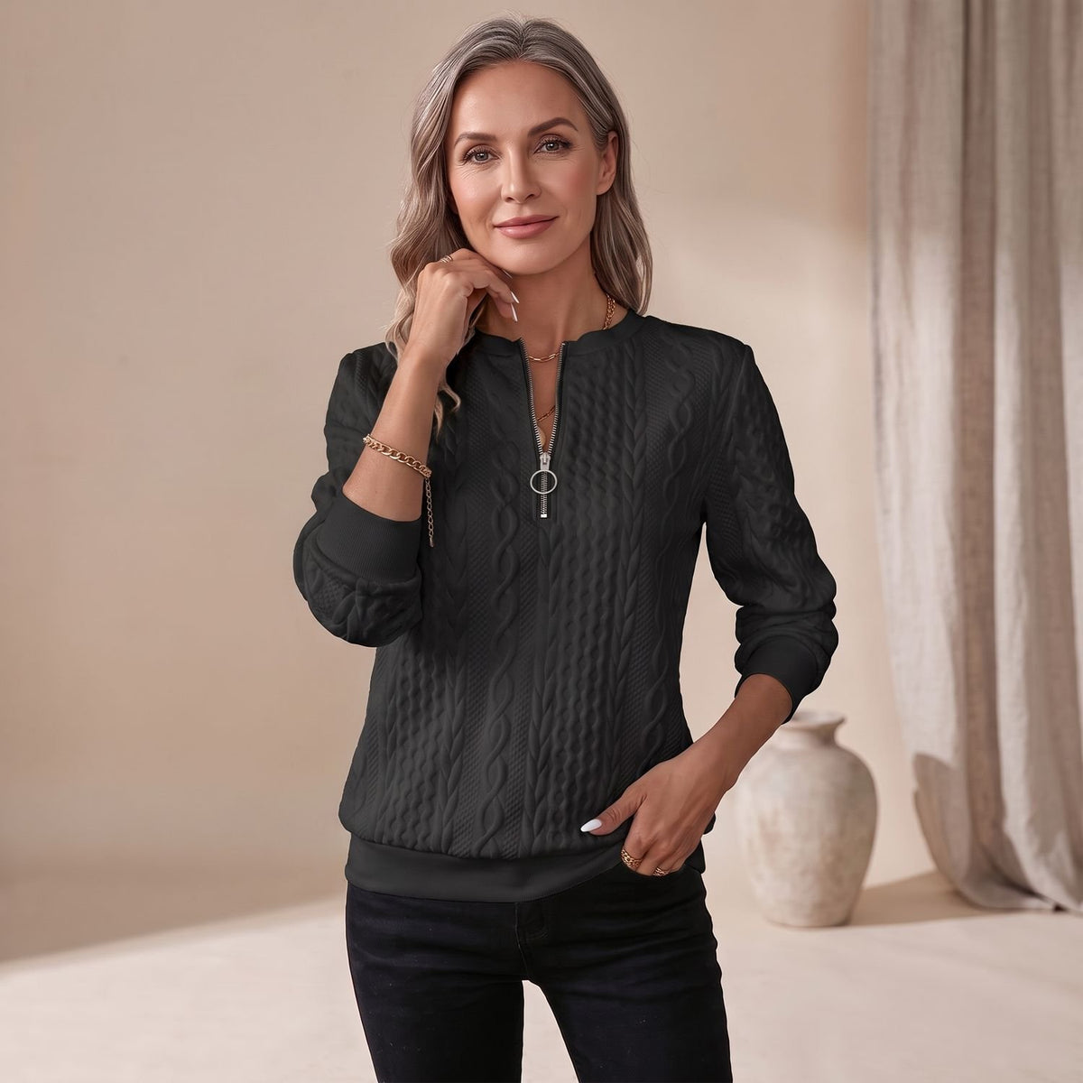 Women's Cable-Knit Quarter-Zip Pullover Sweater - Black