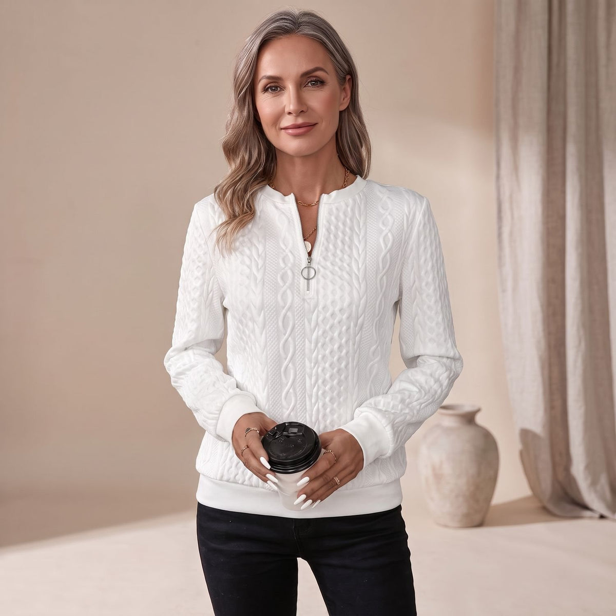 Women's Cable-Knit Quarter-Zip Pullover Sweater