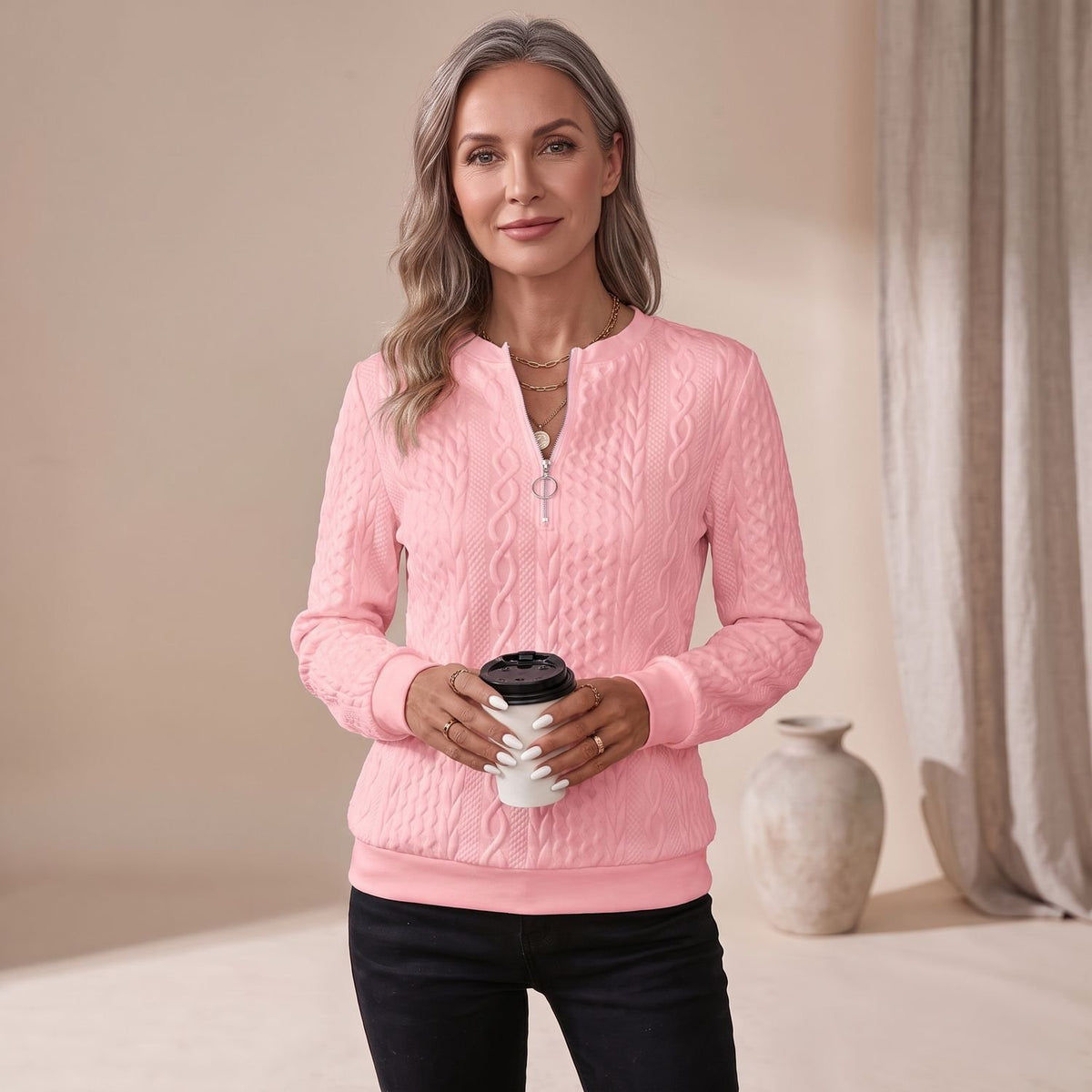 Women's Cable-Knit Quarter-Zip Pullover Sweater