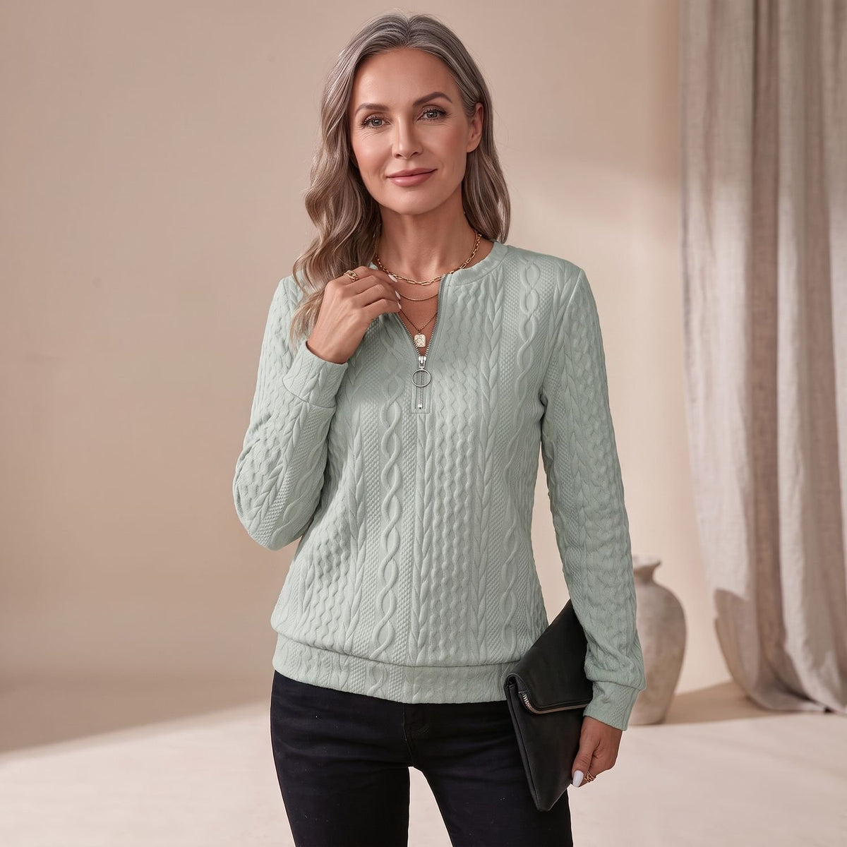 Women's Cable-Knit Quarter-Zip Pullover Sweater