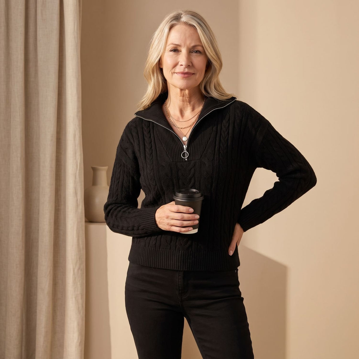 Women's Cable-Knit Quarter-Zip Pullover Sweater