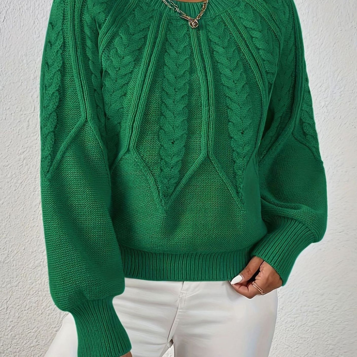 Women's Cable-Knit Raglan-Sleeve Round-Neck Sweater - Green