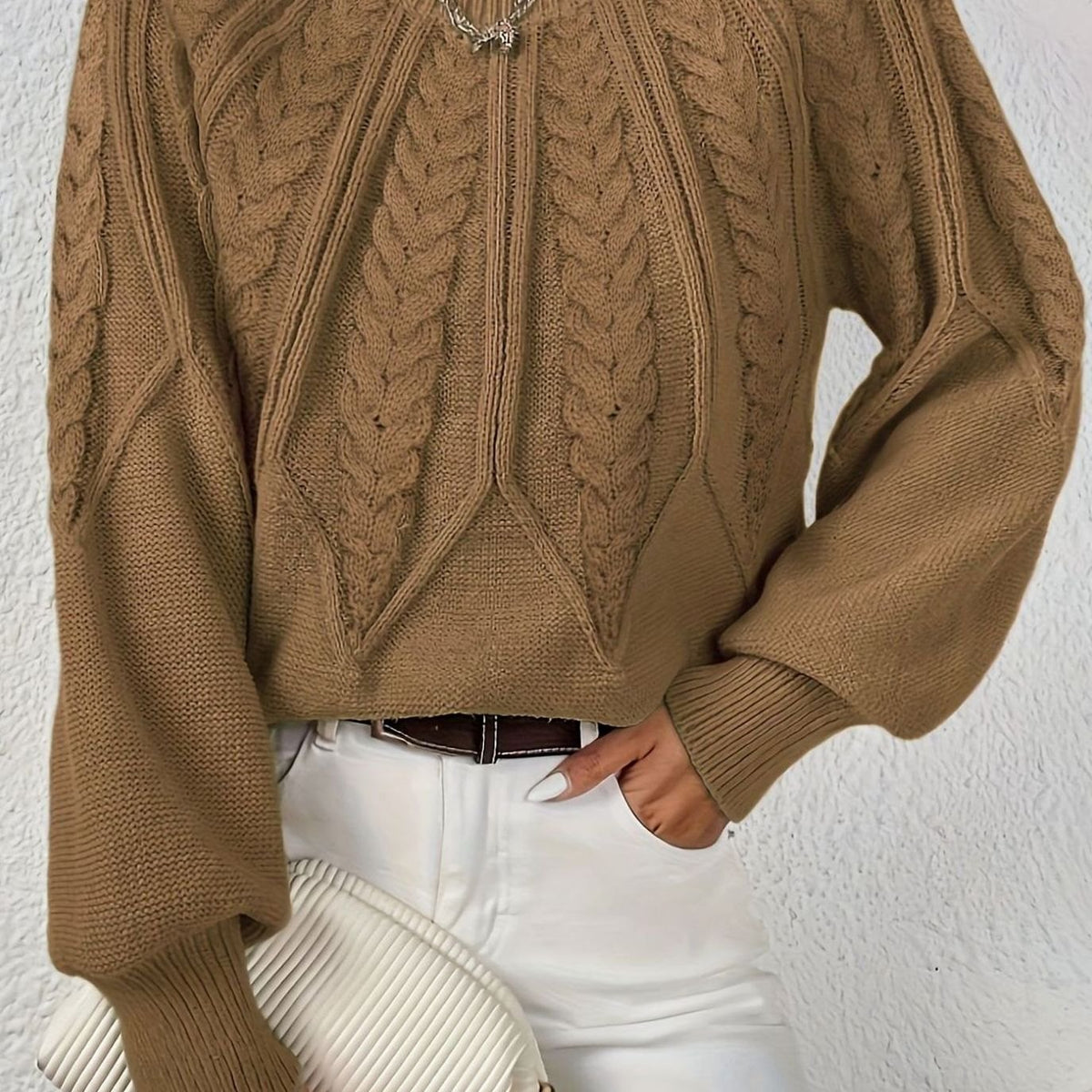 Women's Cable-Knit Raglan-Sleeve Round-Neck Sweater - Camel