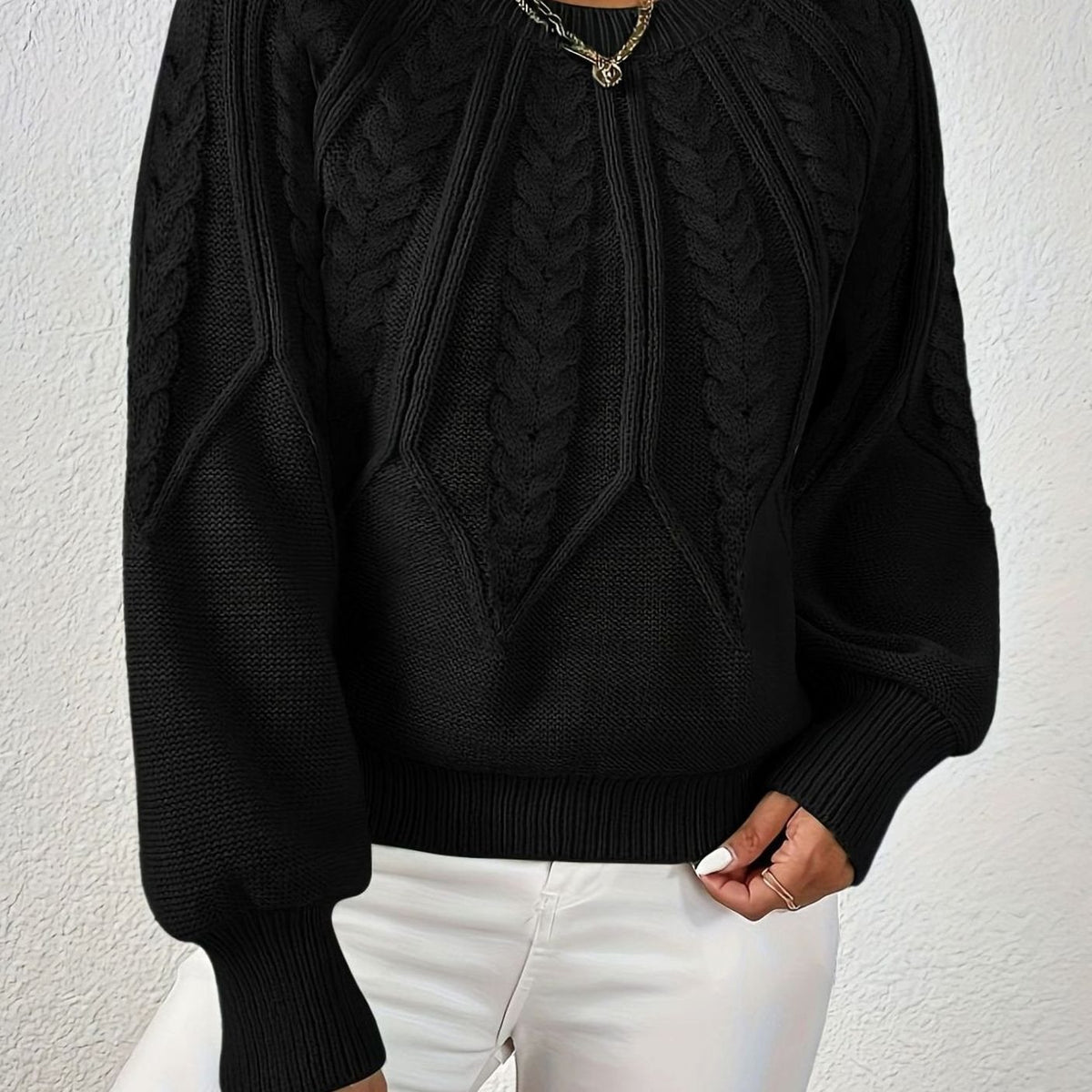 Women's Cable-Knit Raglan-Sleeve Round-Neck Sweater - Black