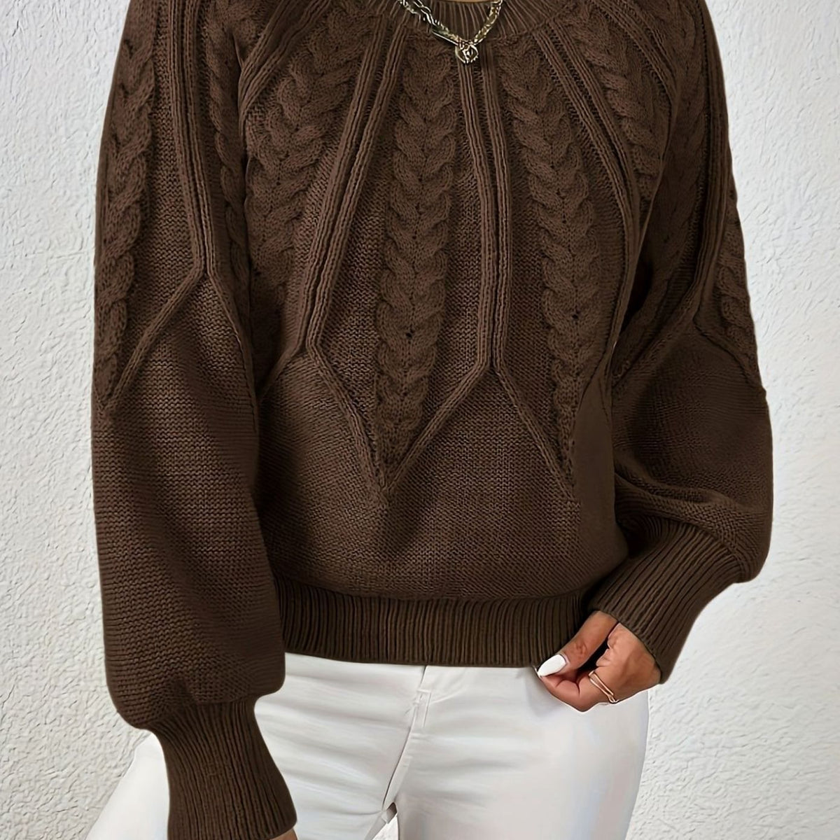 Women's Cable-Knit Raglan-Sleeve Round-Neck Sweater - Coffee Brown