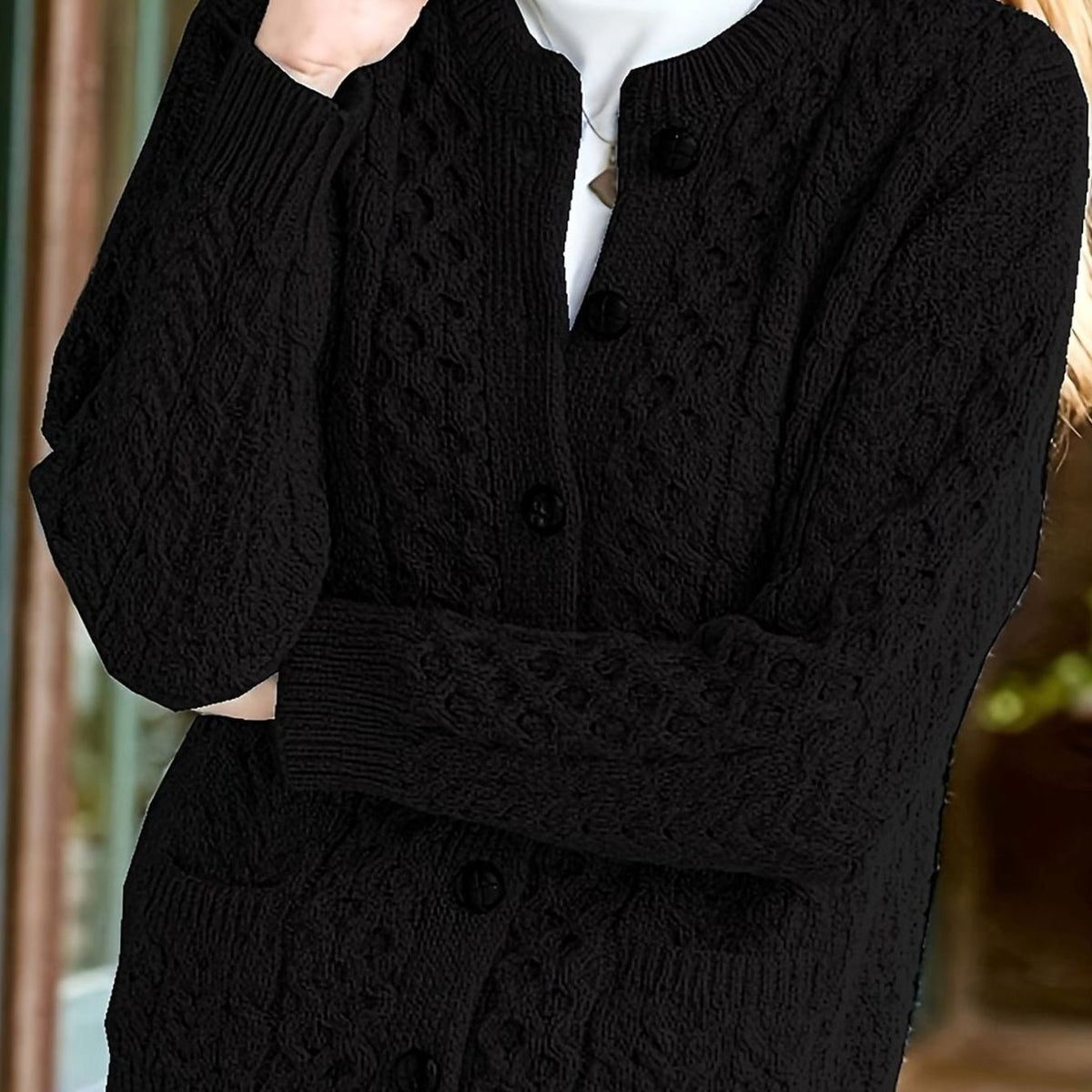 Women's Cable-Knit Relaxed Button-Front Cardigan Sweater - Black