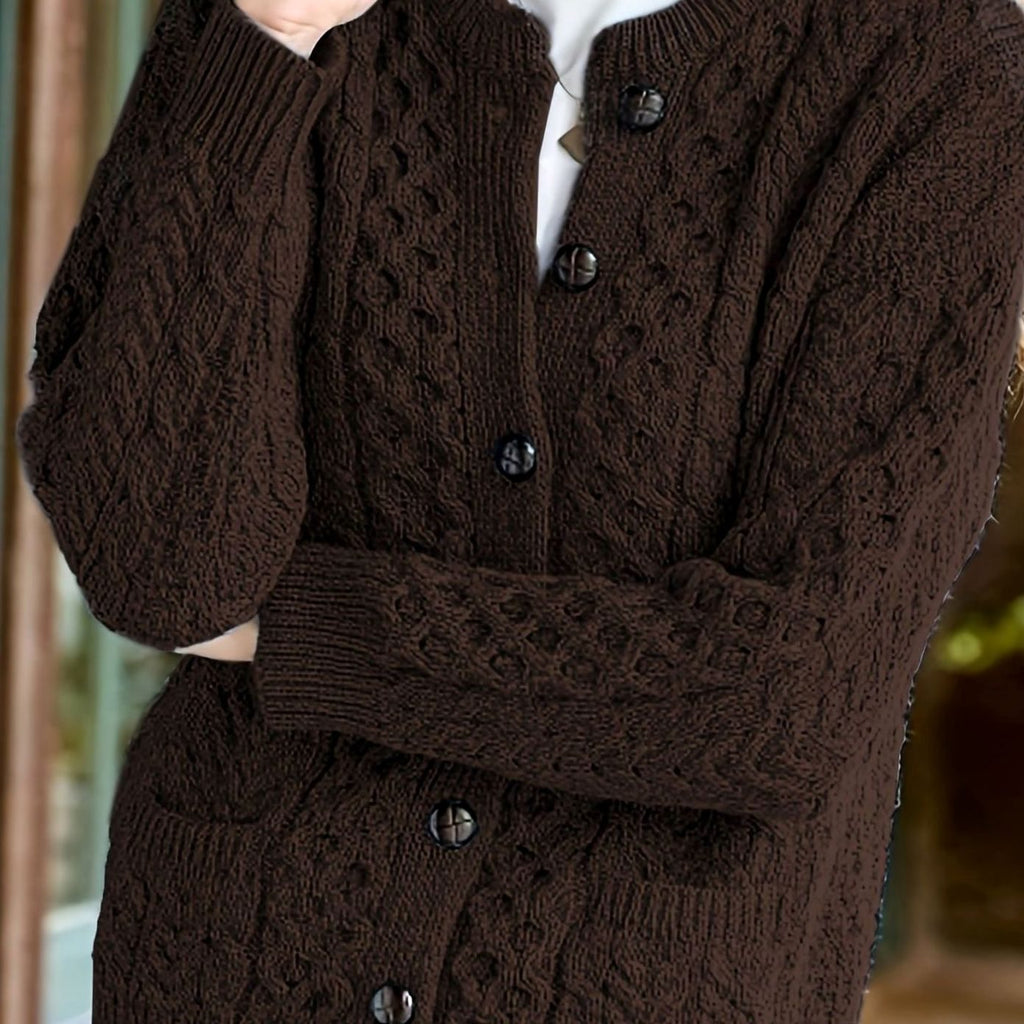 Women's Cable-Knit Relaxed Button-Front Cardigan Sweater - Coffee Brown