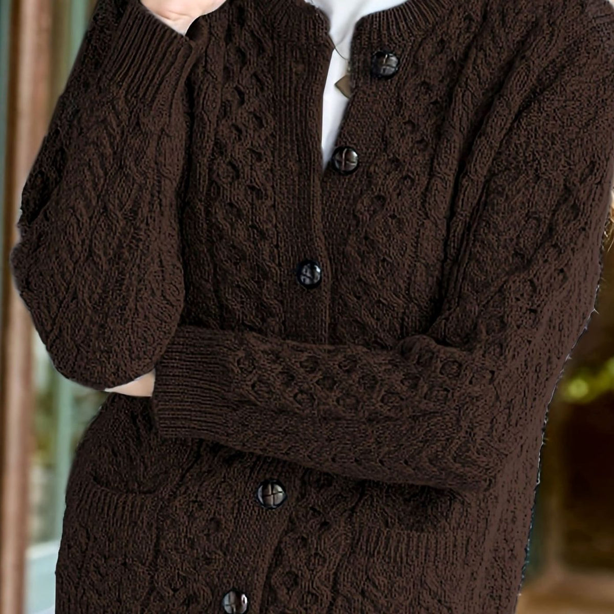 Women's Cable-Knit Relaxed Button-Front Cardigan Sweater - Coffee Brown