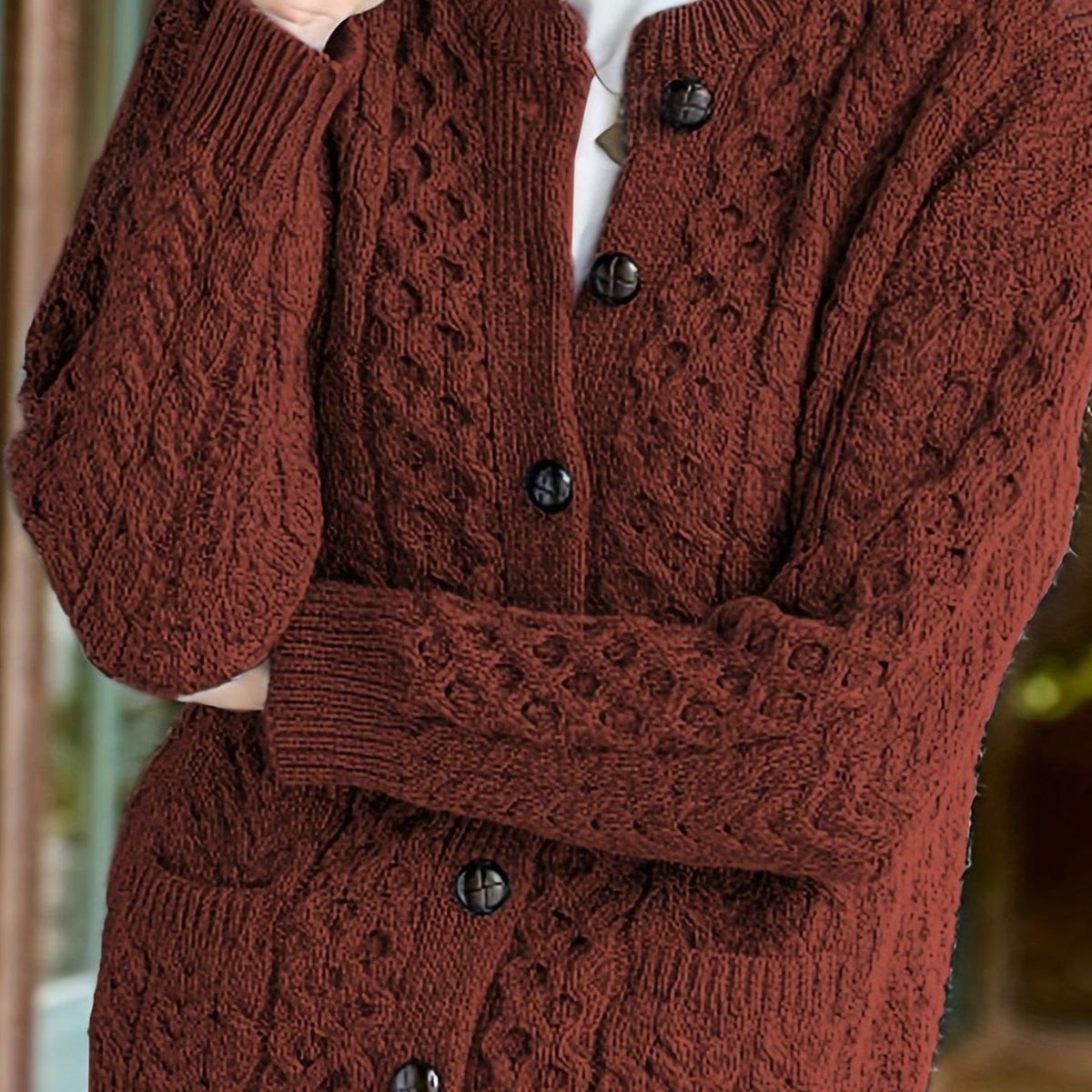 Women's Cable-Knit Relaxed Button-Front Cardigan Sweater - Maroon