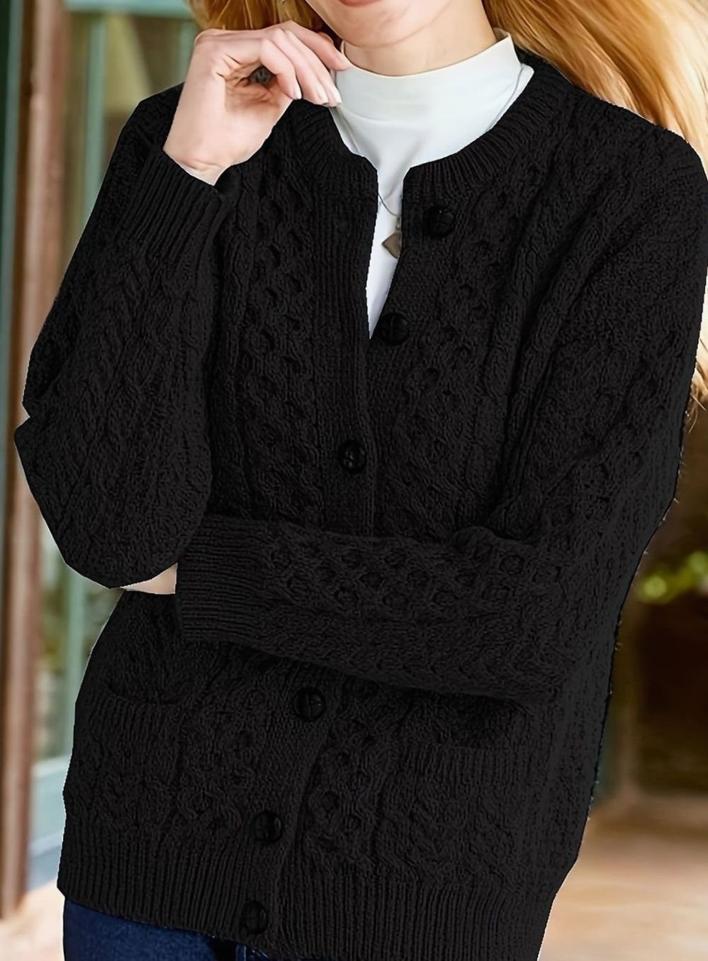 Women's Cable-Knit Relaxed Button-Front Cardigan Sweater