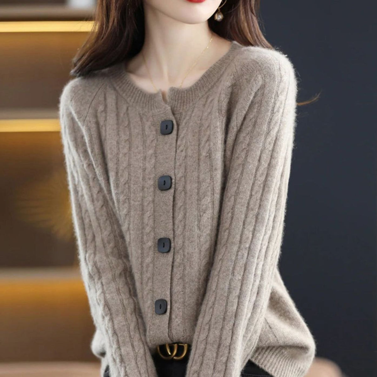 Women's Cable-Knit Relaxed-Fit Button-Up Winter Cardigan Sweater - Gray