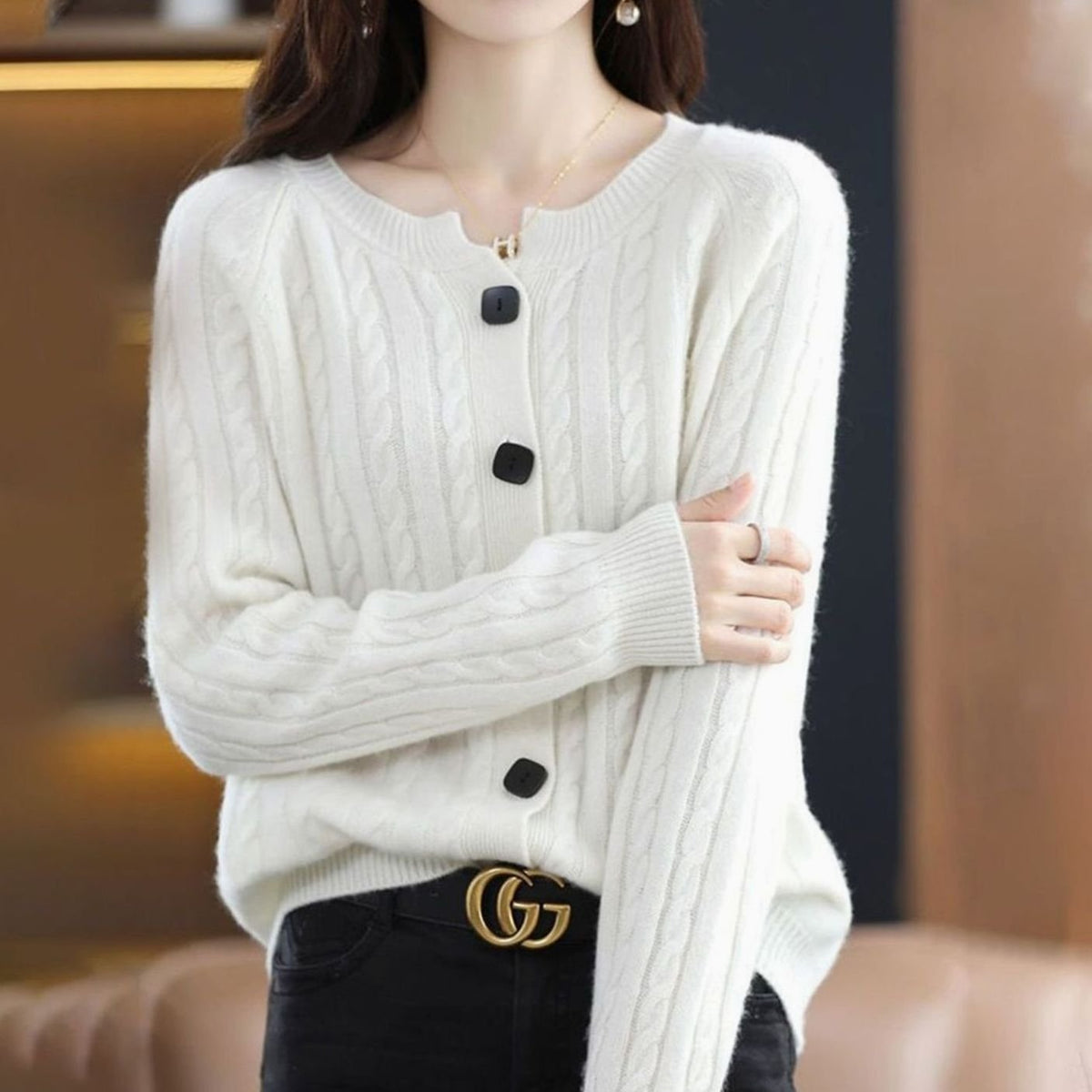 Women's Cable-Knit Relaxed-Fit Button-Up Winter Cardigan Sweater - White