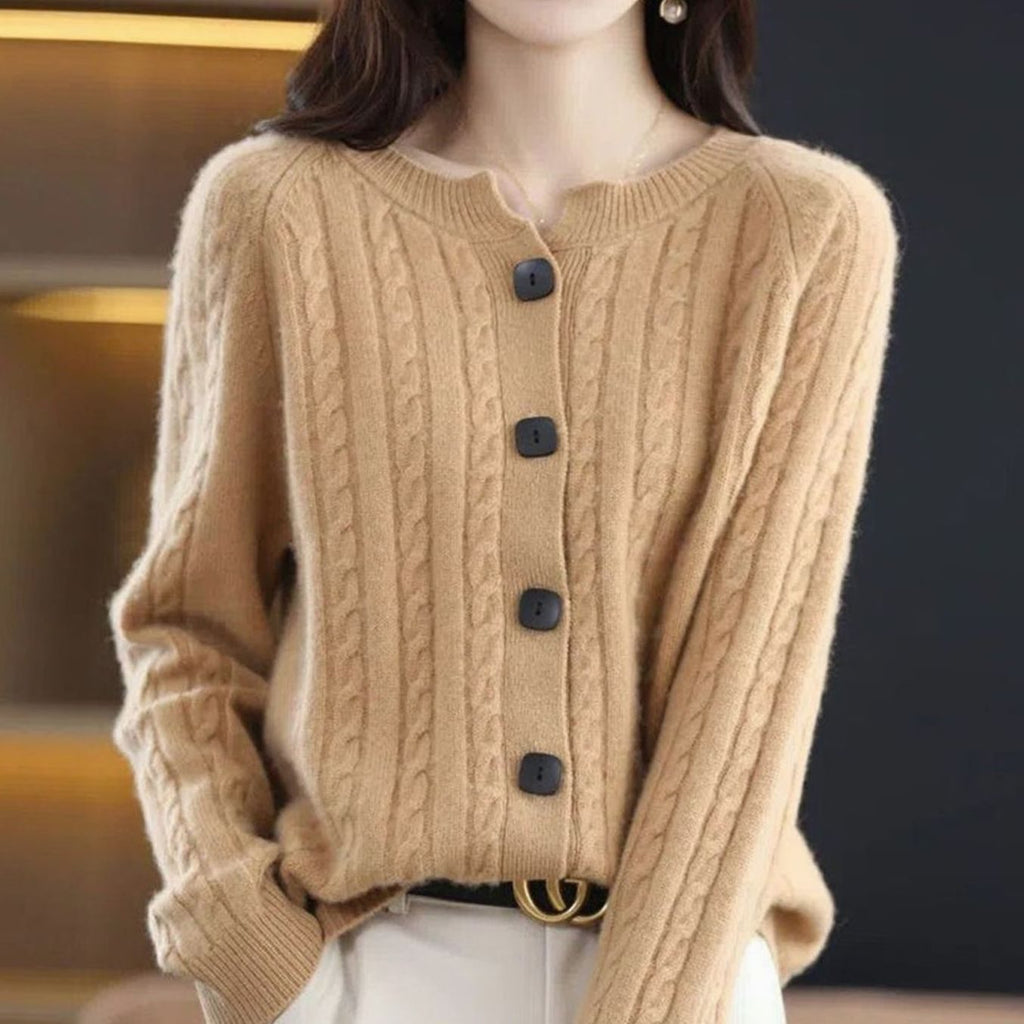 Women's Cable-Knit Relaxed-Fit Button-Up Winter Cardigan Sweater - Camel