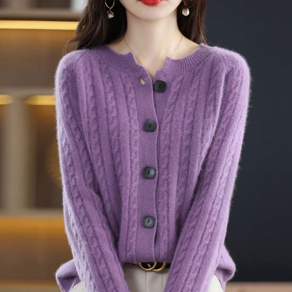 Women's Cable-Knit Relaxed-Fit Button-Up Winter Cardigan Sweater - Purple