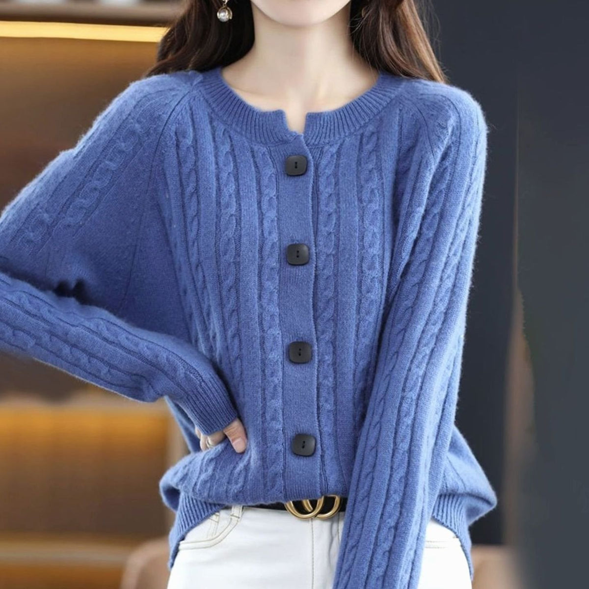 Women's Cable-Knit Relaxed-Fit Button-Up Winter Cardigan Sweater - Blue