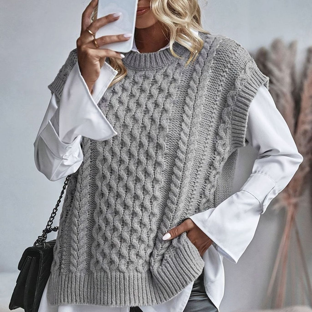 Women's Cable-Knit Relaxed-Fit Sleeveless Sweater Vest - Gray