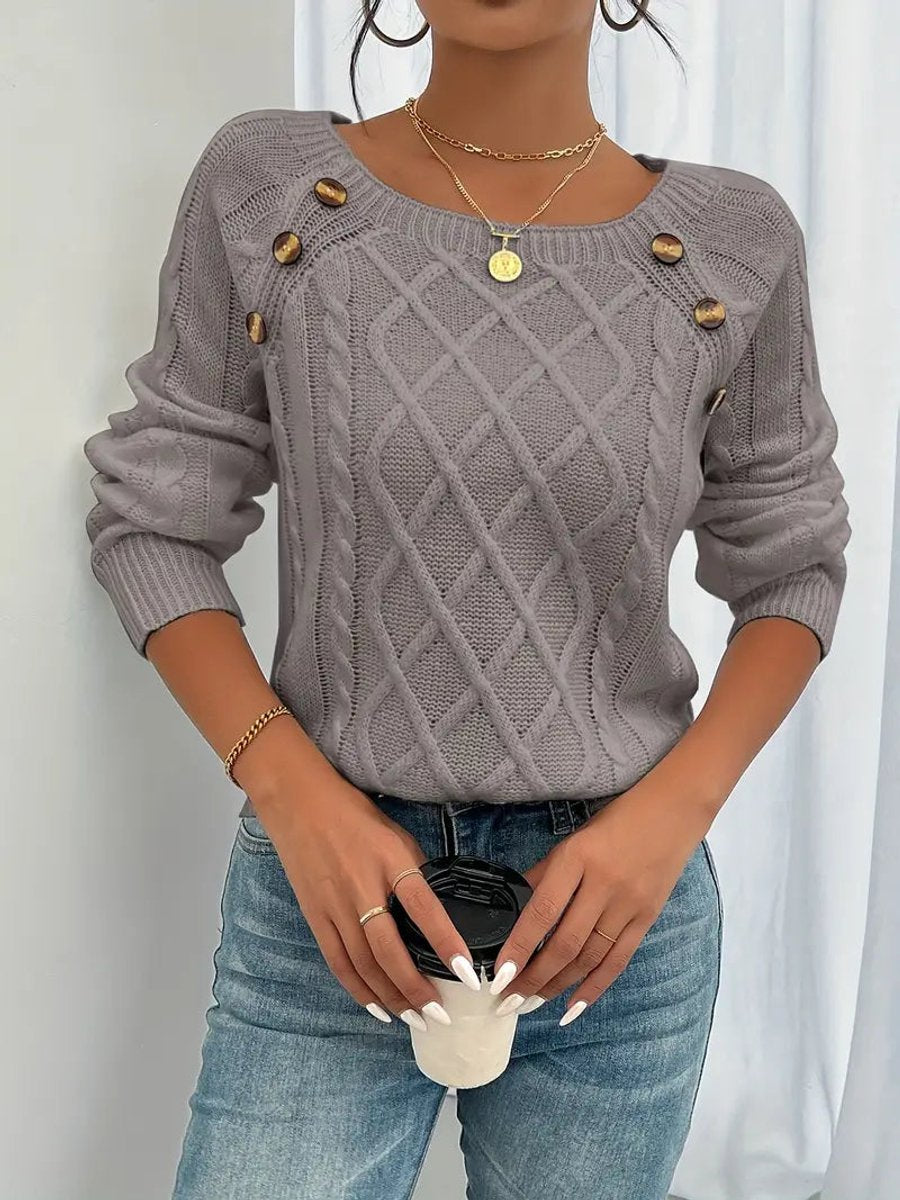 Women's Cable Knit Sweater Raglan-Sleeve Button-Detail Pullover - Dusty Rose