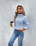 Women's Cable-Knit Turtleneck Sweater Cozy Pullover - Blue