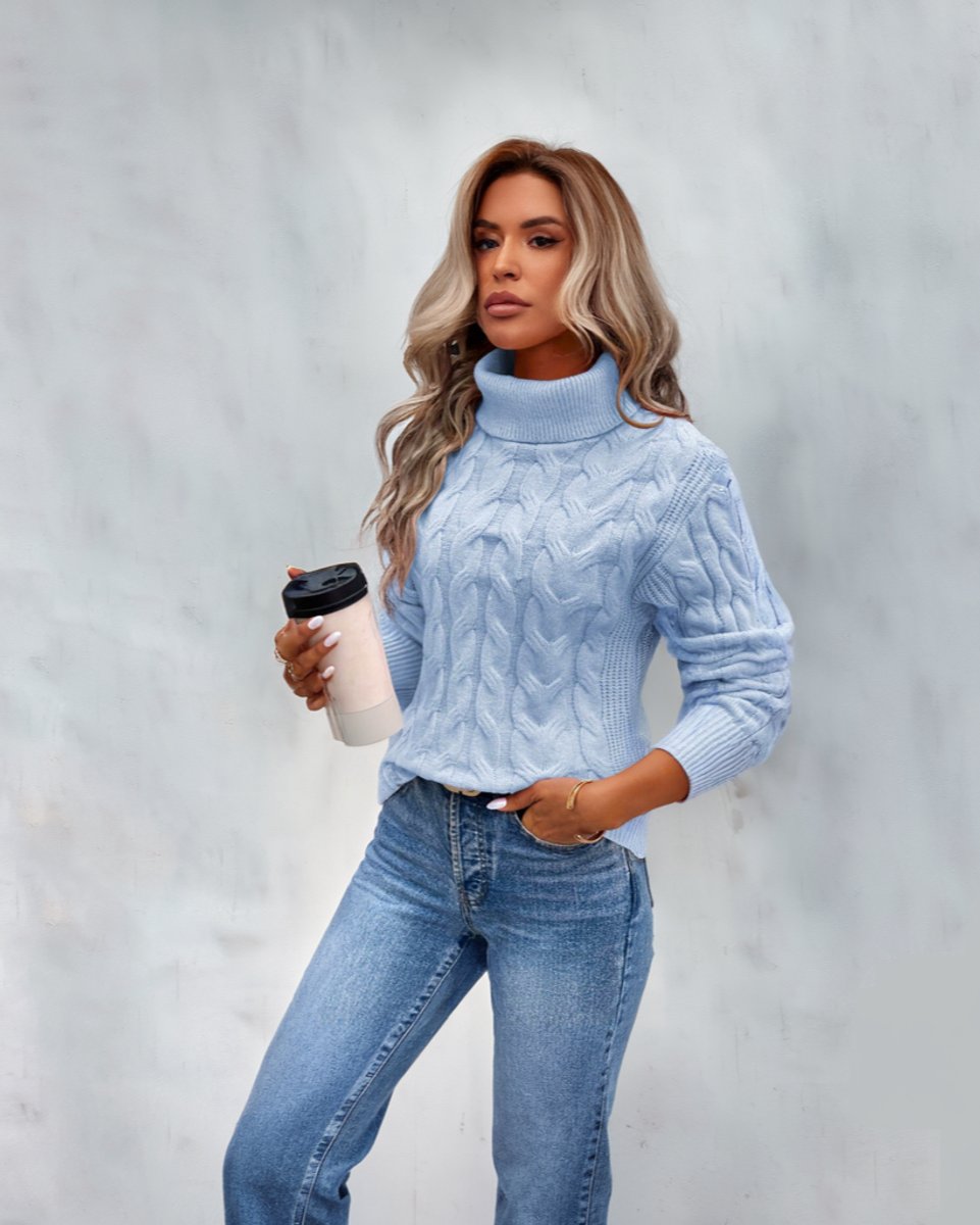 Women's Cable-Knit Turtleneck Sweater Cozy Pullover - Blue