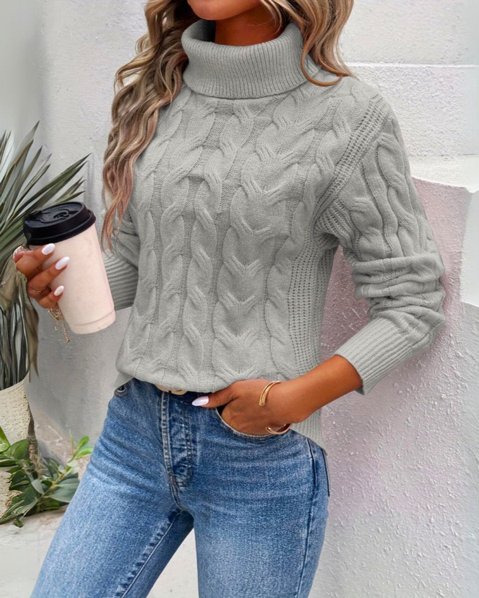 Women's Cable-Knit Turtleneck Sweater Cozy Pullover - Gray