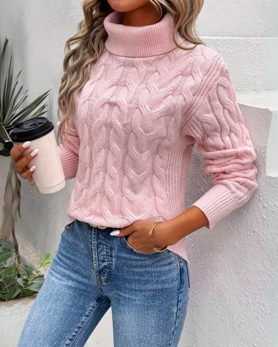 Women's Cable-Knit Turtleneck Sweater Cozy Pullover - Pink