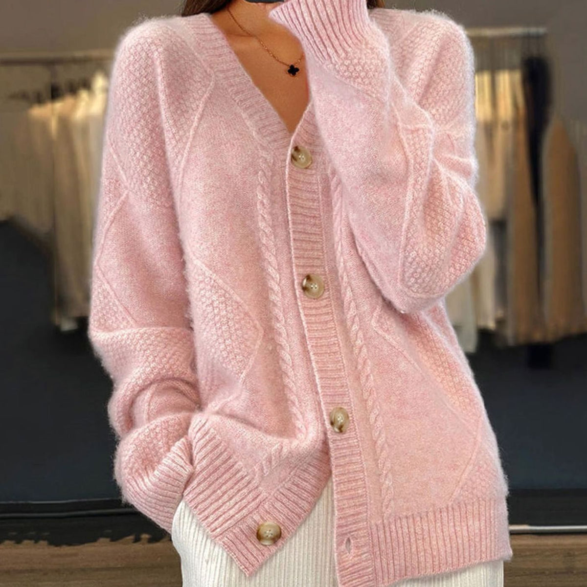Women's Cable Knit V-Neck Button-Front Long Sleeve Cardigan, Pink - Pink