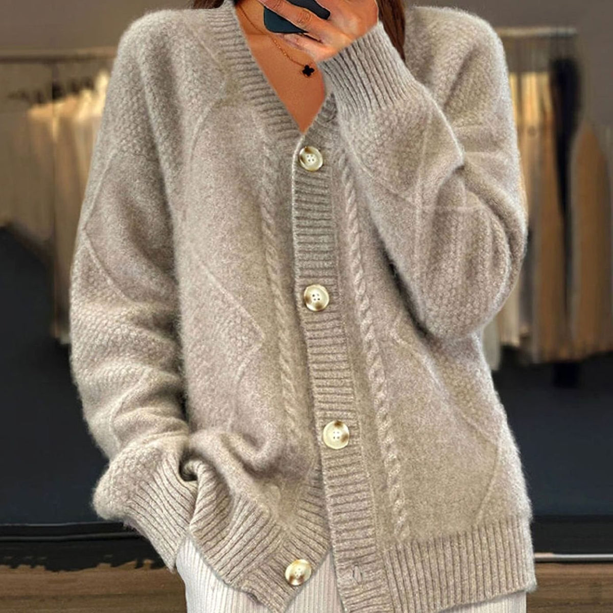 Women's Cable Knit V-Neck Button-Front Long Sleeve Cardigan, Pink - Gray