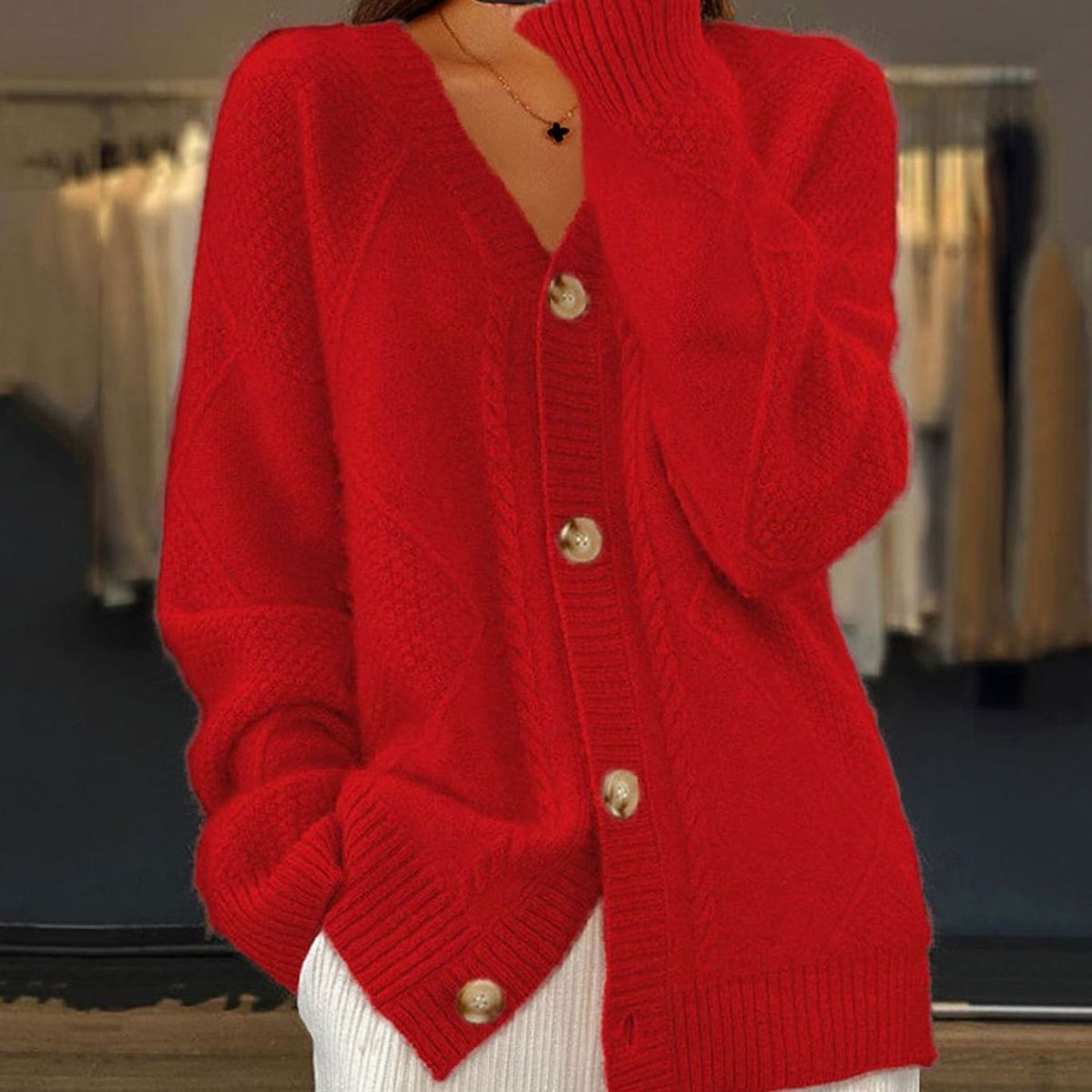 Women's Cable Knit V-Neck Button-Front Long Sleeve Cardigan, Pink - Red