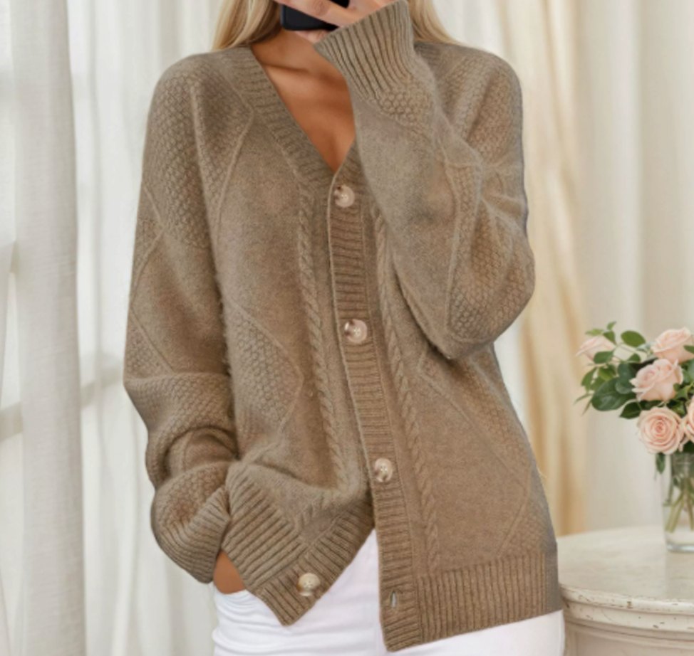 Women's Cable Knit V-Neck Button-Front Long Sleeve Cardigan, Pink - Camel