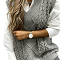 Women's Cable-Knit V-Neck Sweater Vest Relaxed Layering Pullover - Gray
