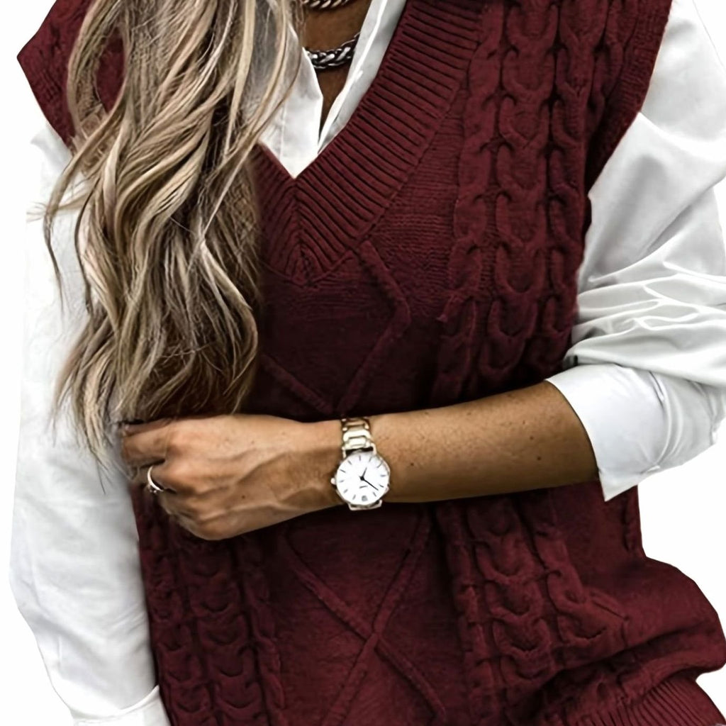 Women's Cable-Knit V-Neck Sweater Vest Relaxed Layering Pullover - Burgundy