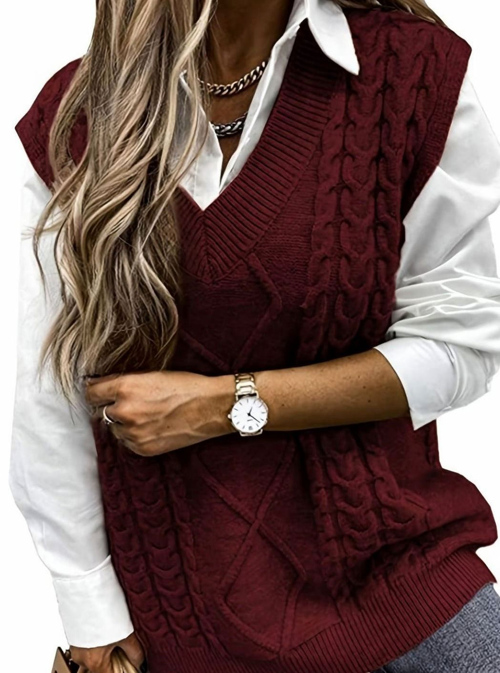 Women's Cable-Knit V-Neck Sweater Vest Relaxed Layering Pullover