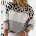 Women's Cashmere Turtleneck Color Block Leopard Print Knit Sweater - Gray