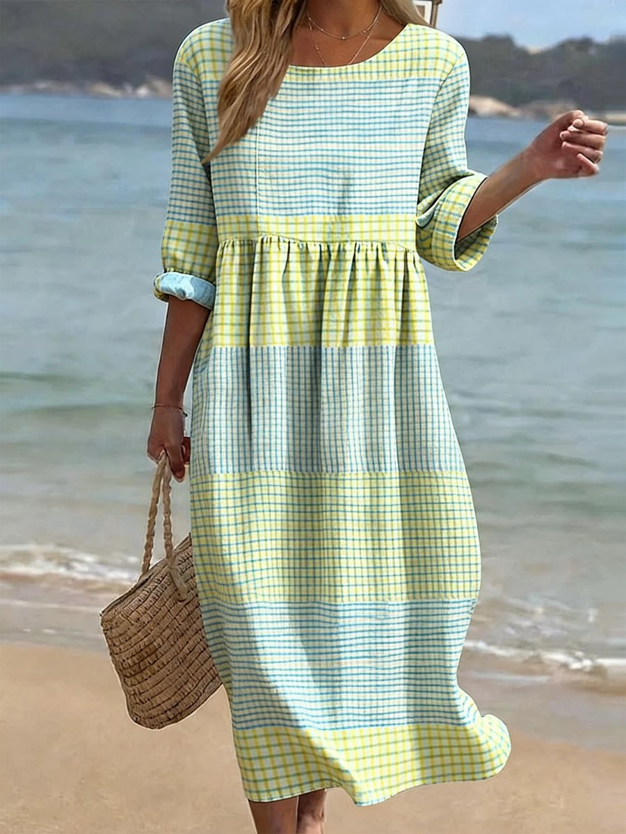Women's Casual Loose-Fit Half-Sleeve Round-Neck Midi Dress - Checked