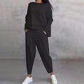Women's Casual Loose-Fit Top Tapered Pants Two-Piece Set - Black