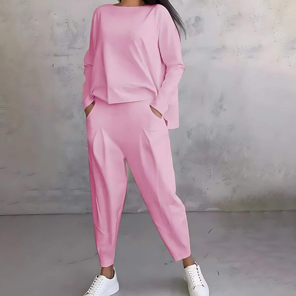 Women's Casual Loose-Fit Top Tapered Pants Two-Piece Set - Pink
