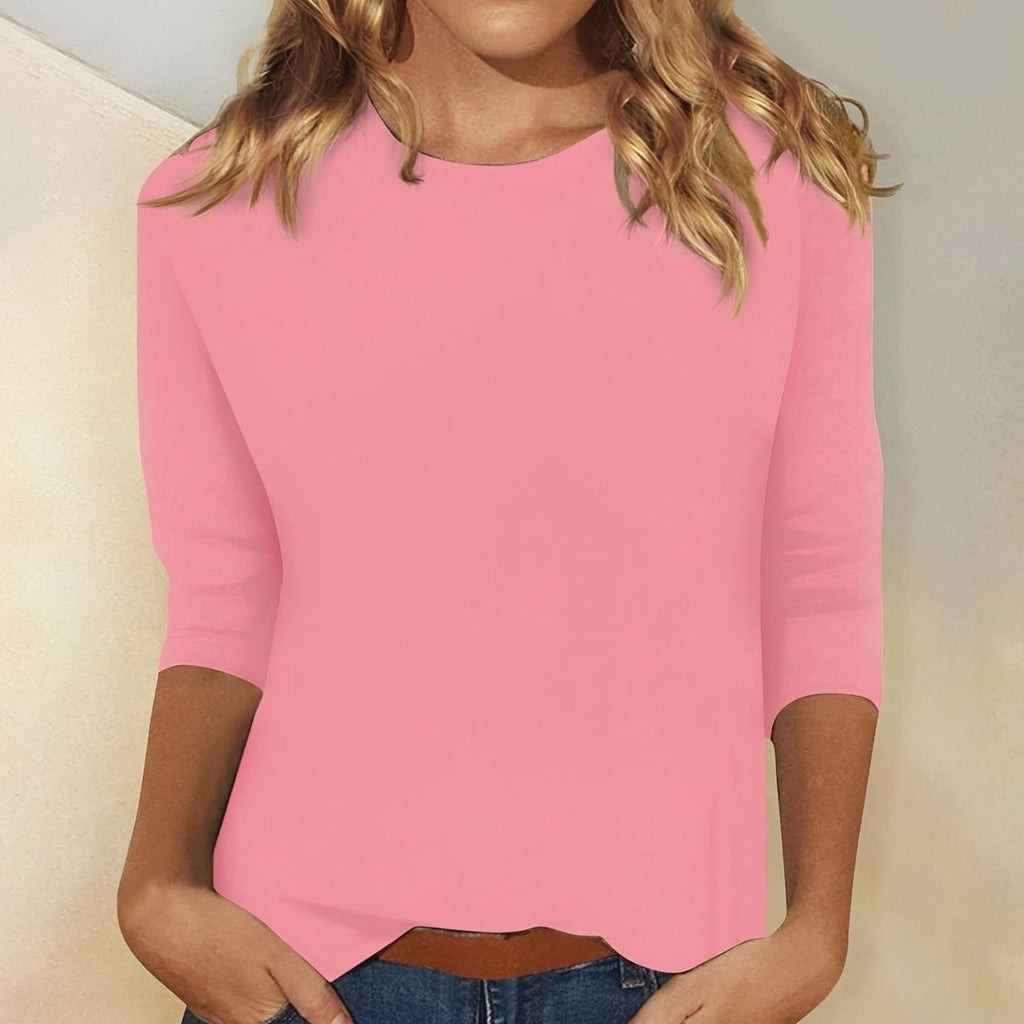 Women's Casual Solid Crew-Neck 3/4 Sleeve Top - Pink